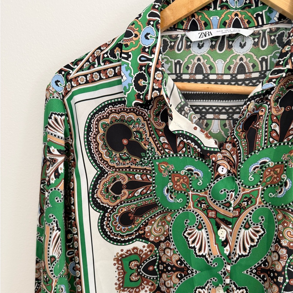 Zara Green Paisley Shirt Button Down Scarf Print Blouse Luxe Boho luxury | M - Picture 3 of 12